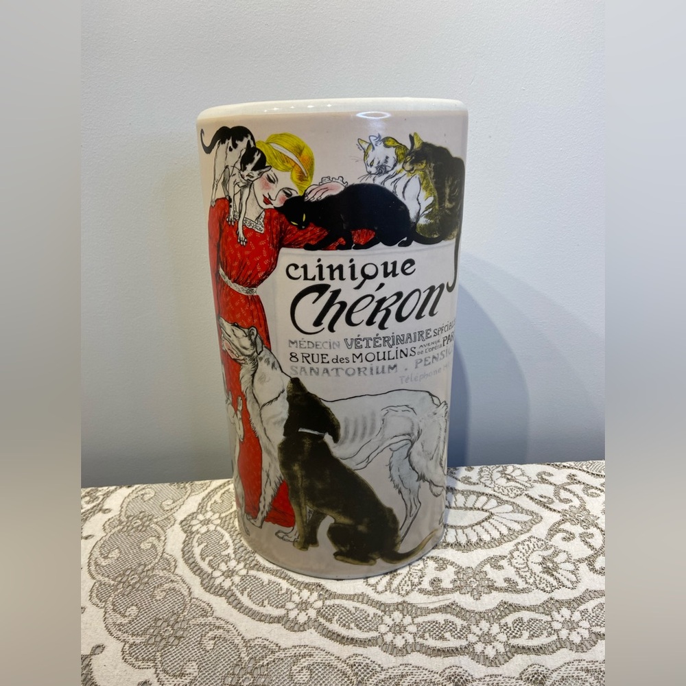 Ceramic Umbrella Stand/Cane Holder/Tall Vase with French Veterinary Advertising